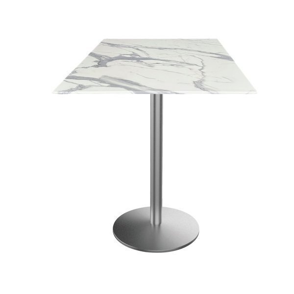 36 Tall OD214 St Steel Table Base w22 Dia Foot, 36x36 Square White Marble Top, IndoorOutdoor, Holland Bar Stool Co, Mfr#: OD214-2236SSODS36SQWM